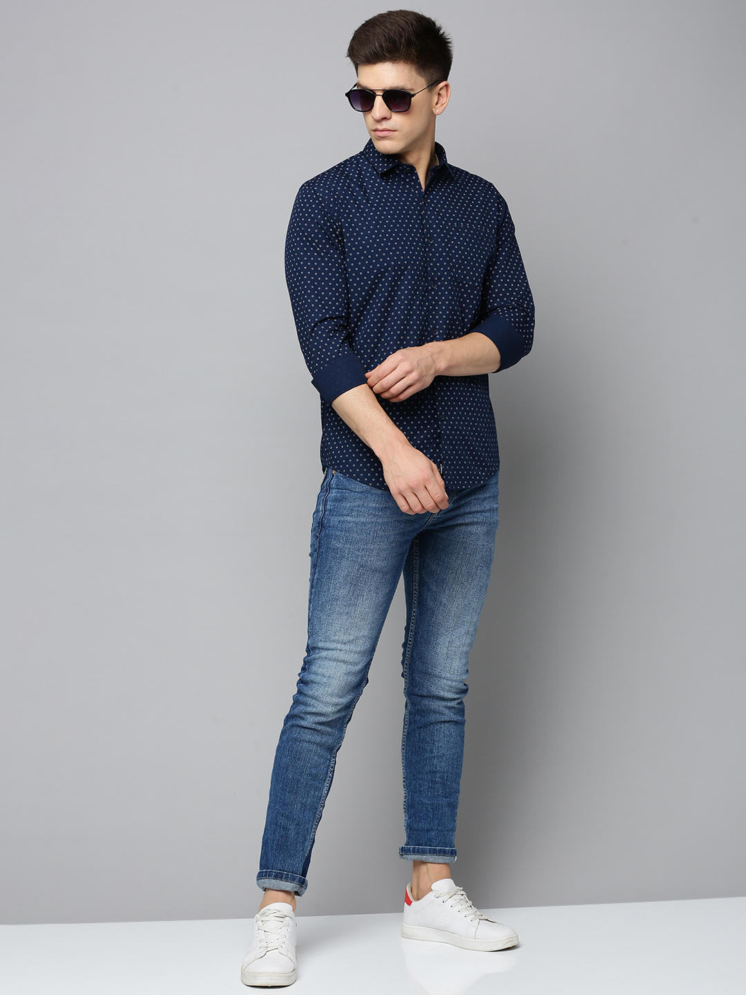 SHOWOFF Men's Spread Collar Printed Navy Blue Regular Fit Shirt