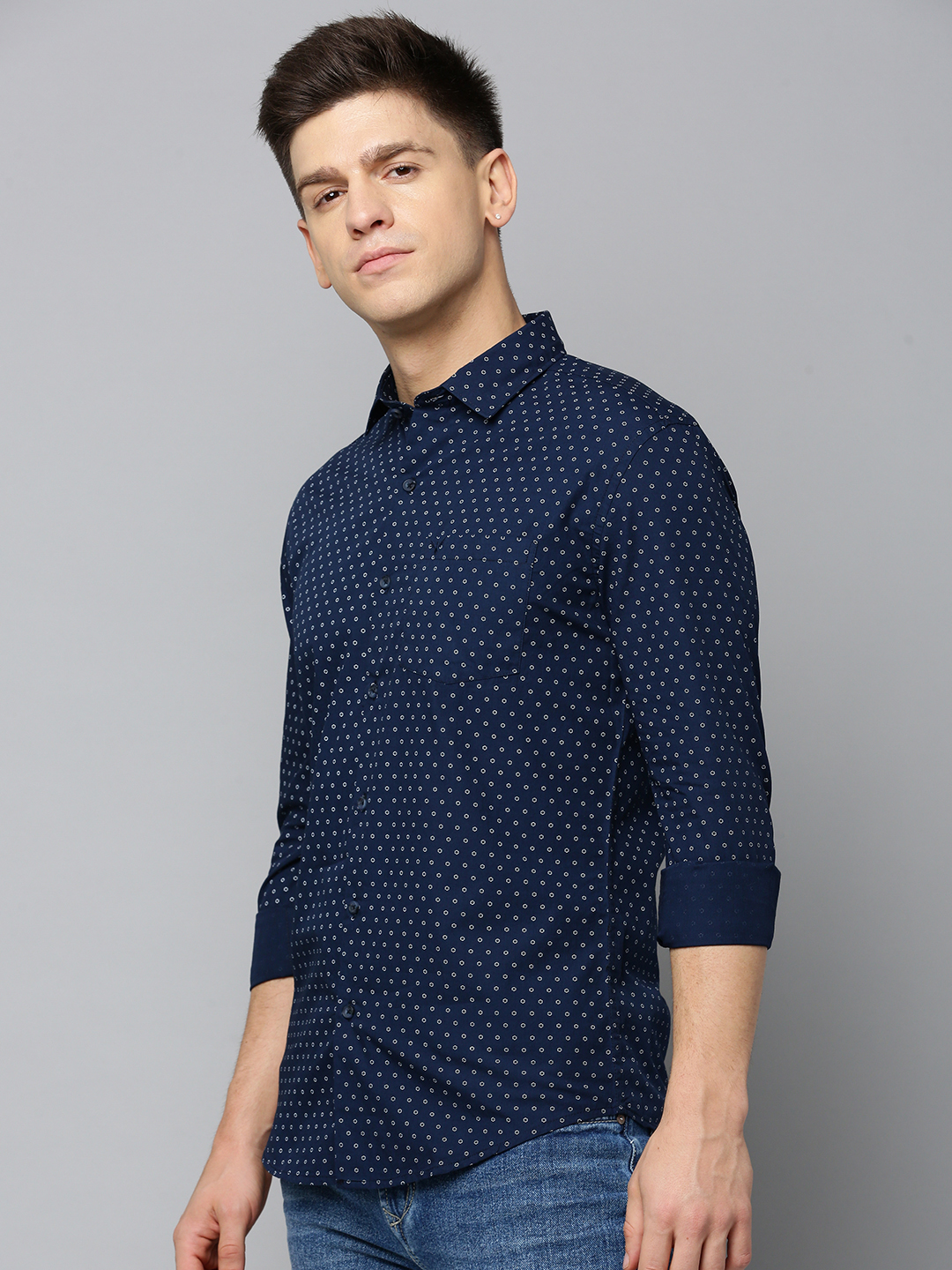 SHOWOFF Men's Spread Collar Printed Navy Blue Regular Fit Shirt