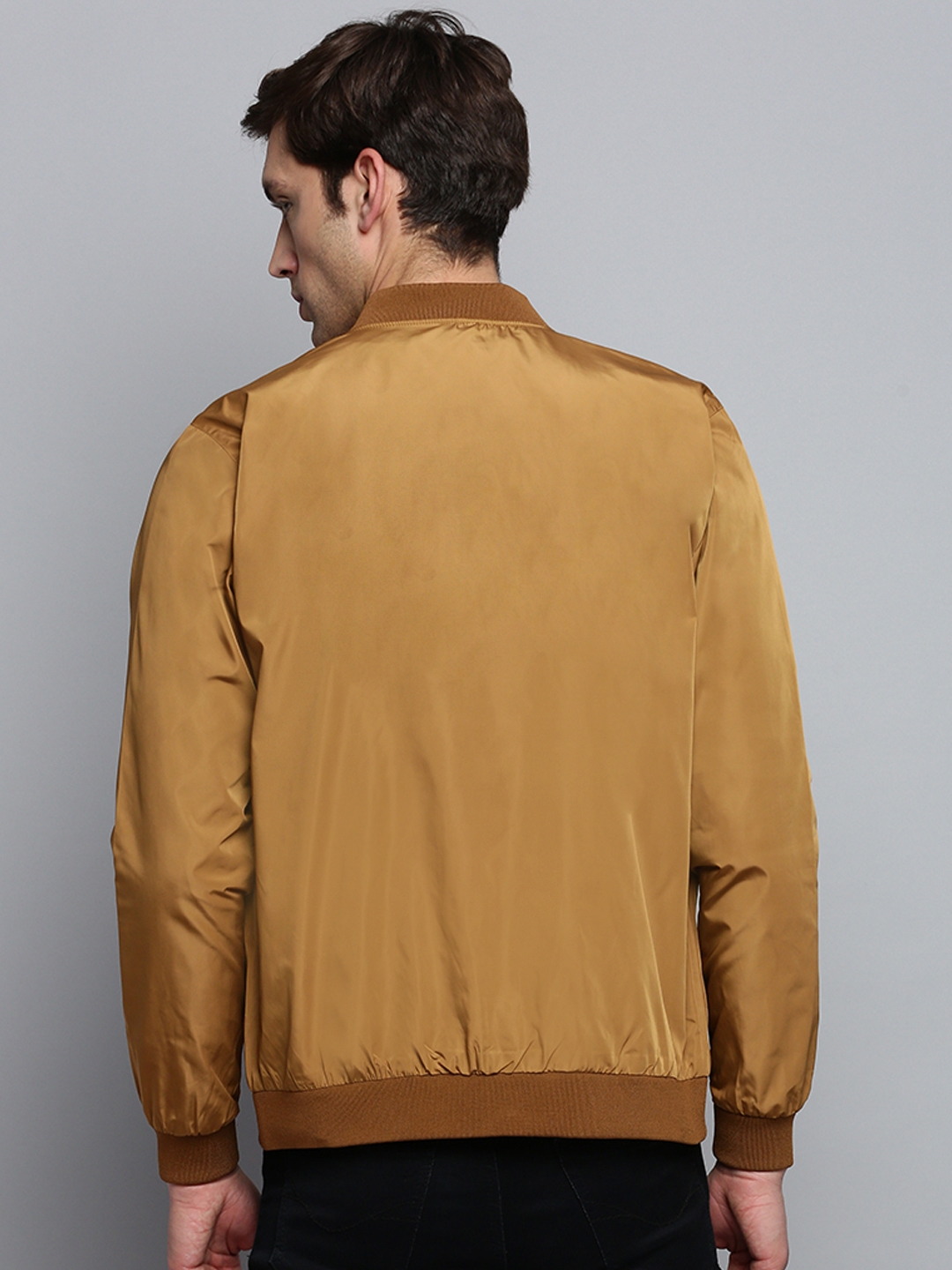 Showoff | SHOWOFF Men's Mandarin Collar Solid Camel Brown Open Front Jacket 3