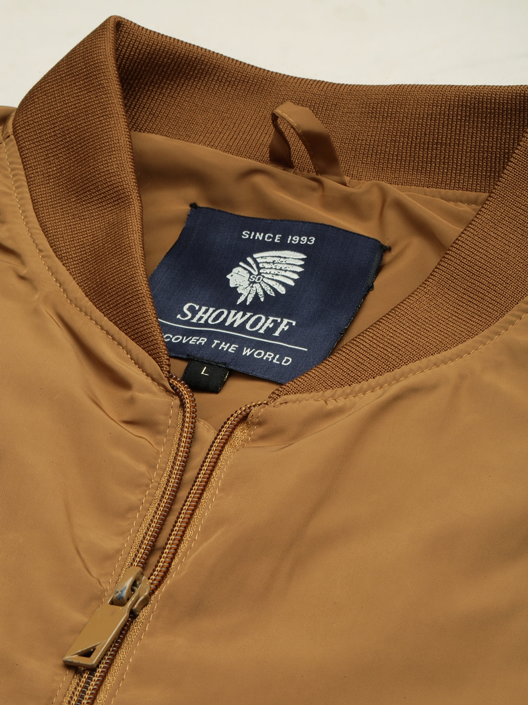 Showoff | SHOWOFF Men's Mandarin Collar Solid Camel Brown Open Front Jacket 5
