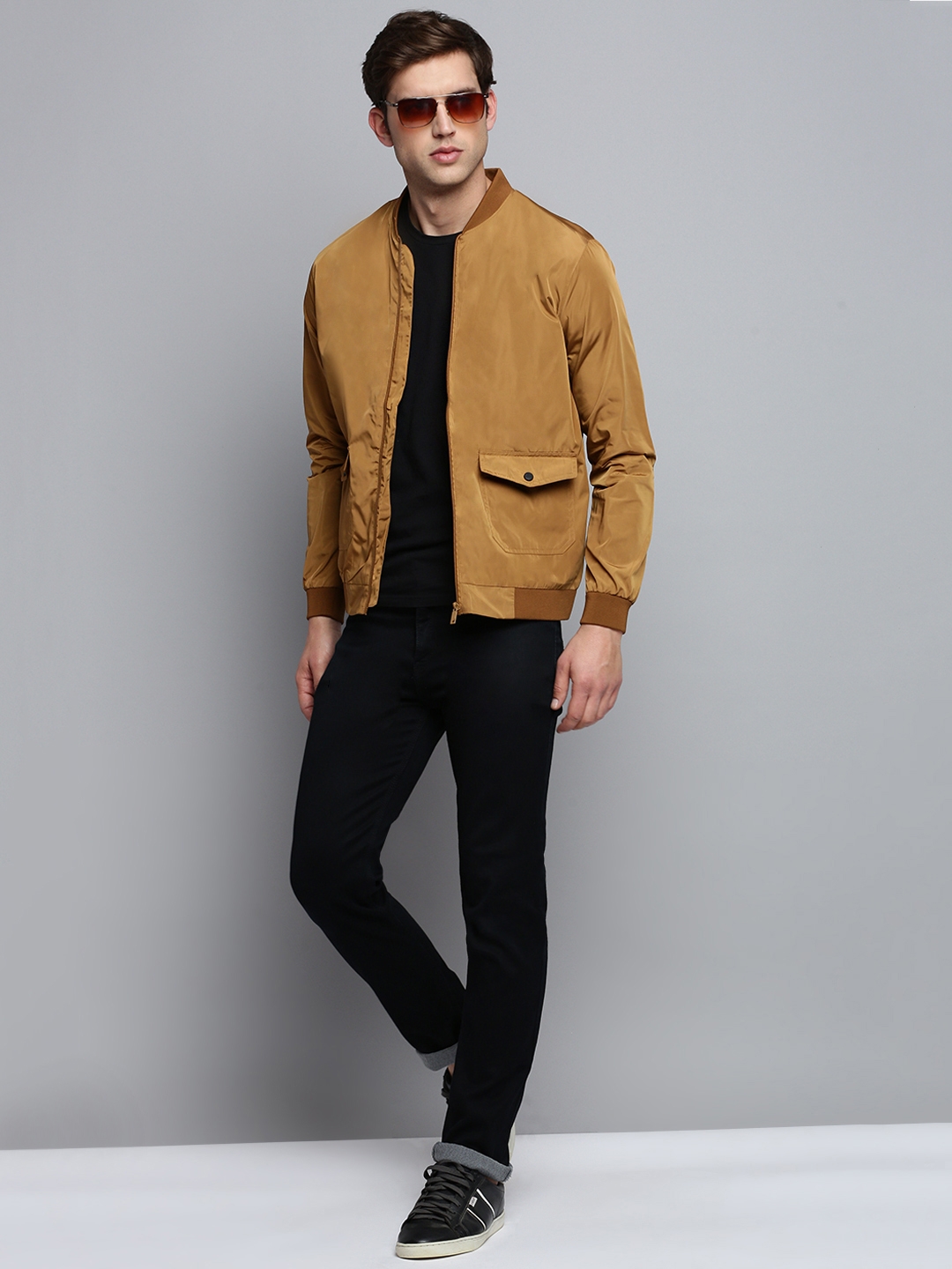 Showoff | SHOWOFF Men's Mandarin Collar Solid Camel Brown Open Front Jacket 4