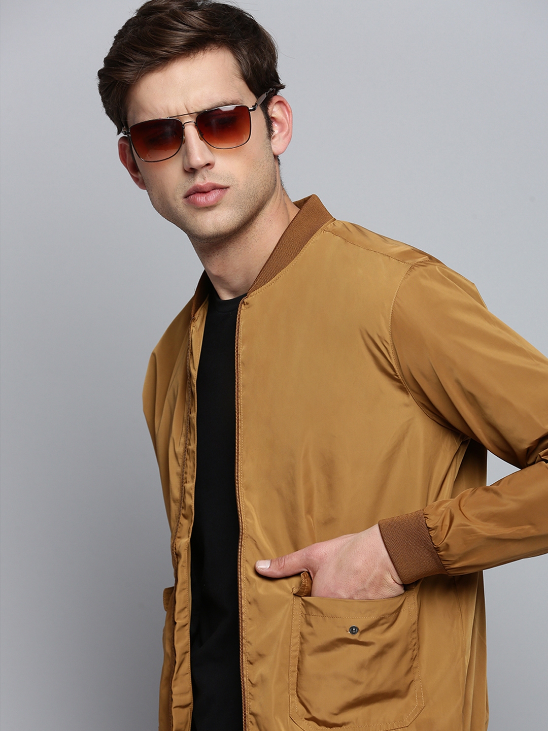 Showoff | SHOWOFF Men's Mandarin Collar Solid Camel Brown Open Front Jacket 0