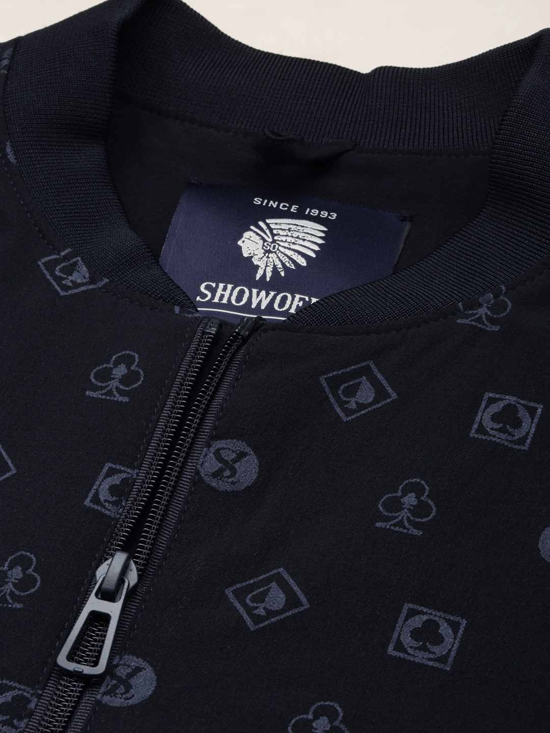 SHOWOFF Men's Mandarin Collar Solid Navy Blue Open Front Jacket