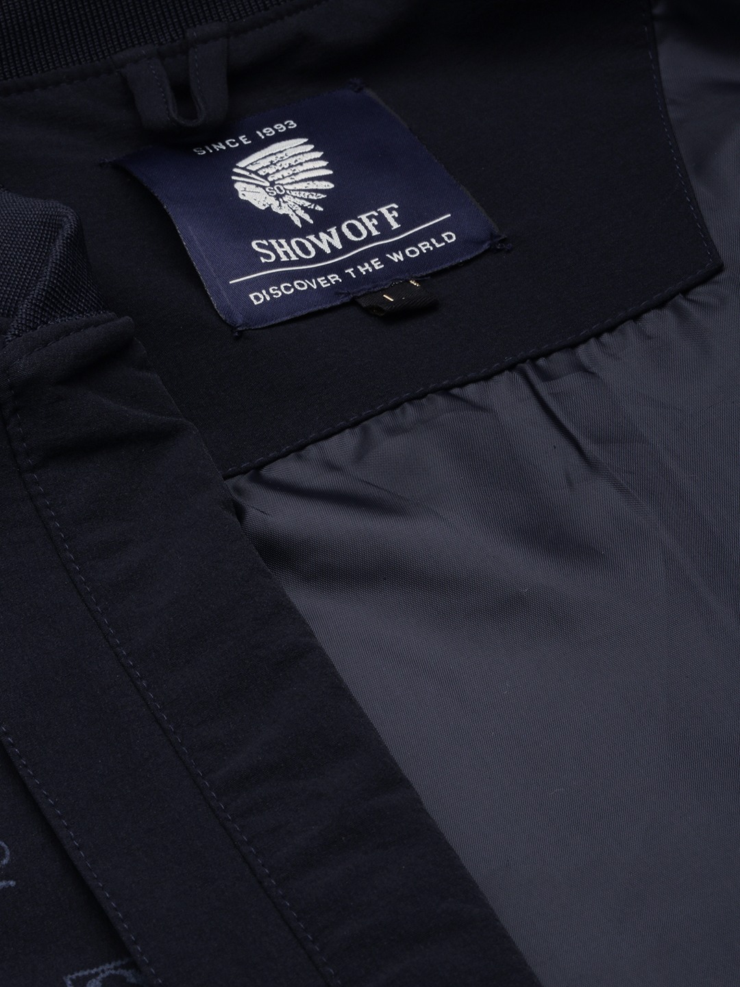 SHOWOFF Men's Mandarin Collar Solid Navy Blue Open Front Jacket