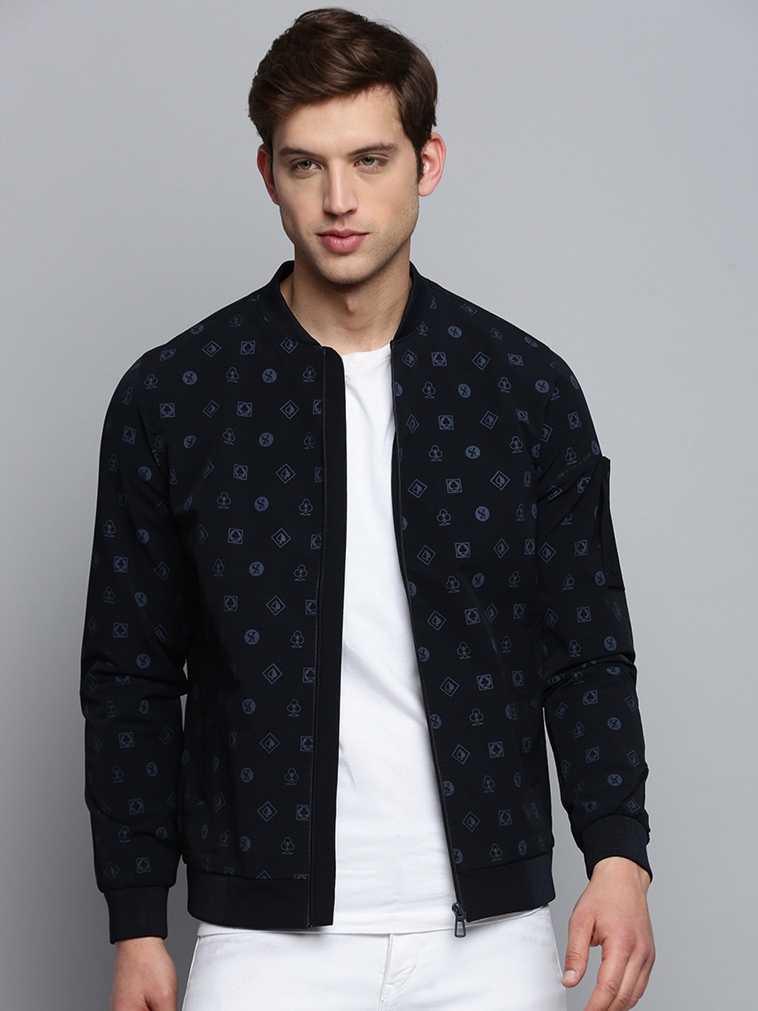 SHOWOFF Men's Mandarin Collar Solid Navy Blue Open Front Jacket