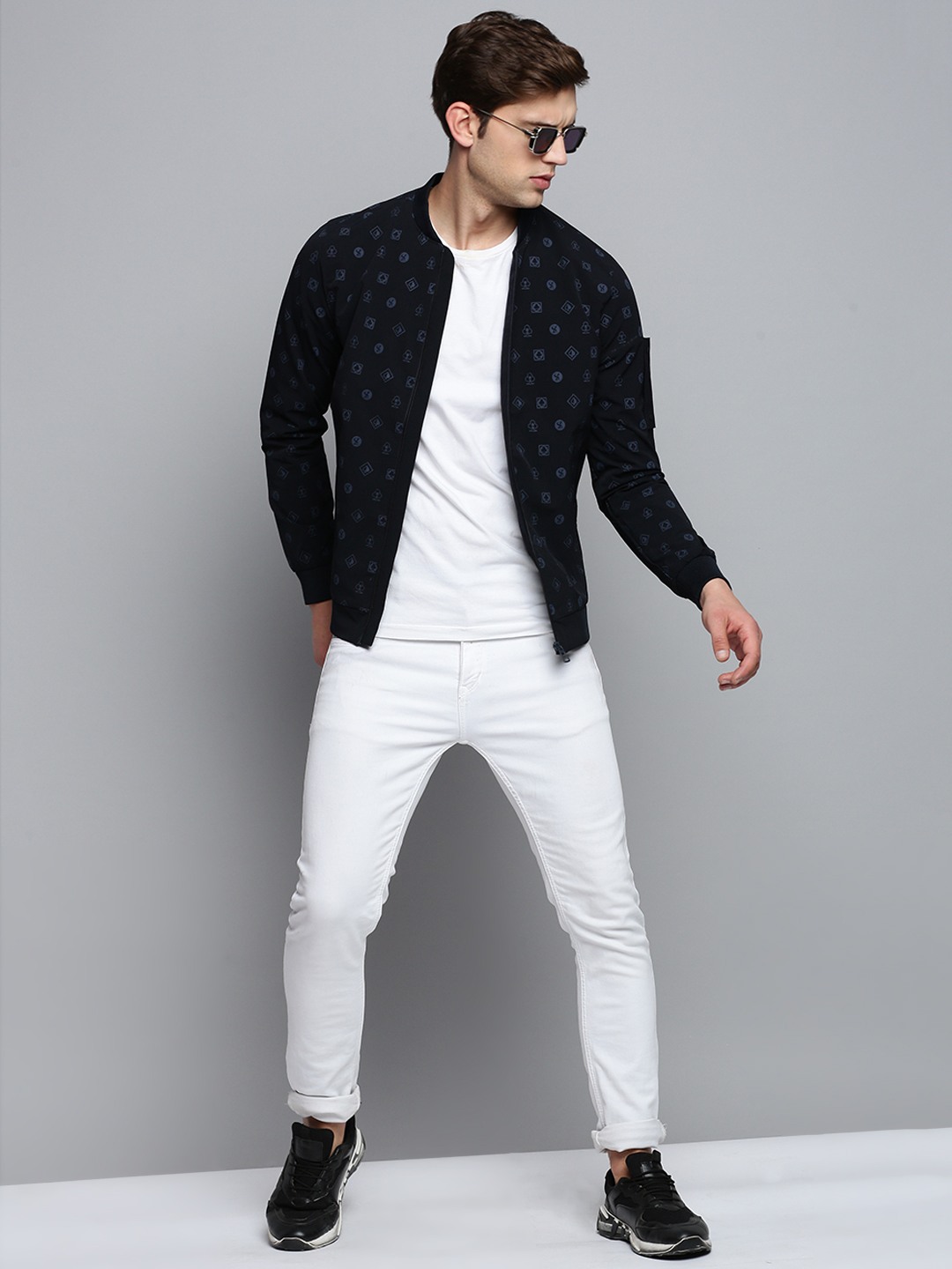 SHOWOFF Men's Mandarin Collar Solid Navy Blue Open Front Jacket