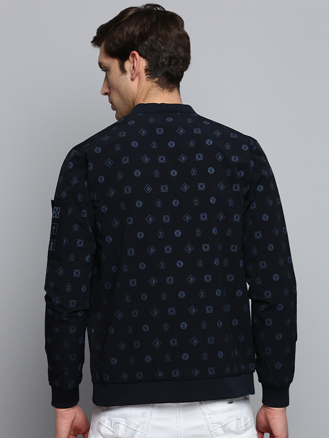 SHOWOFF Men's Mandarin Collar Solid Navy Blue Open Front Jacket