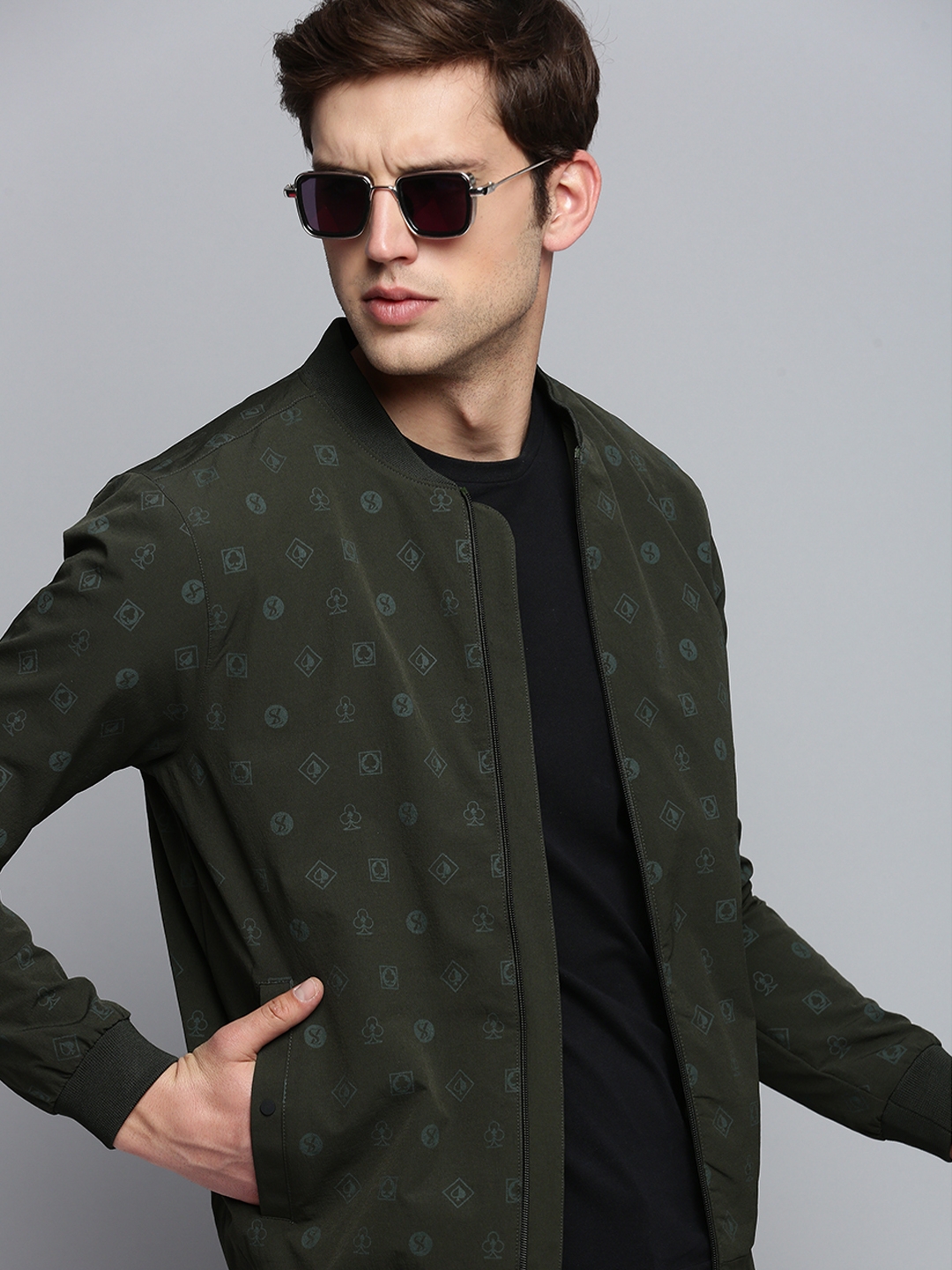 Showoff | SHOWOFF Men's Mandarin Collar Solid Olive Open Front Jacket 0