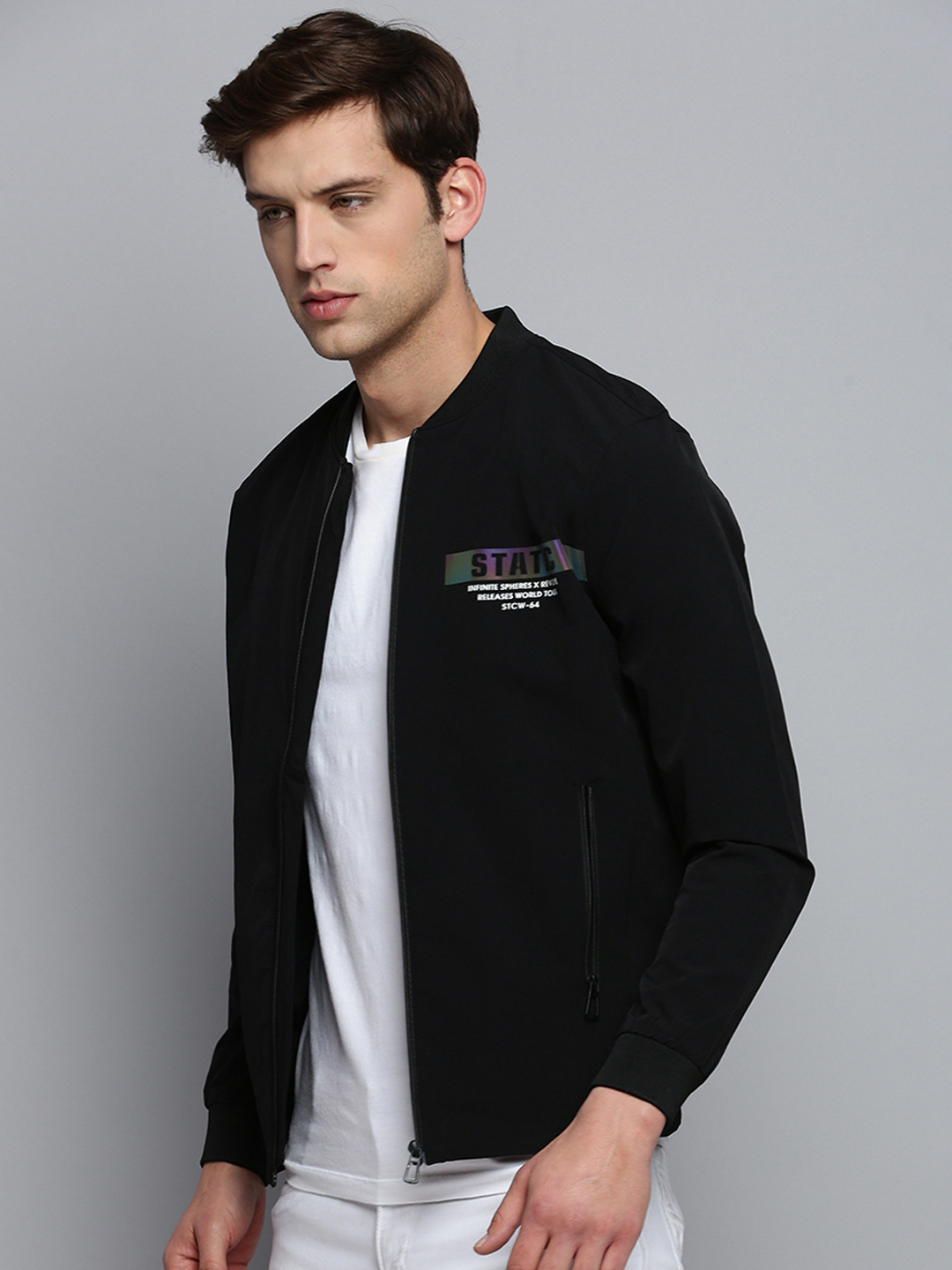 SHOWOFF Men's Mandarin Collar Solid Black Open Front Jacket