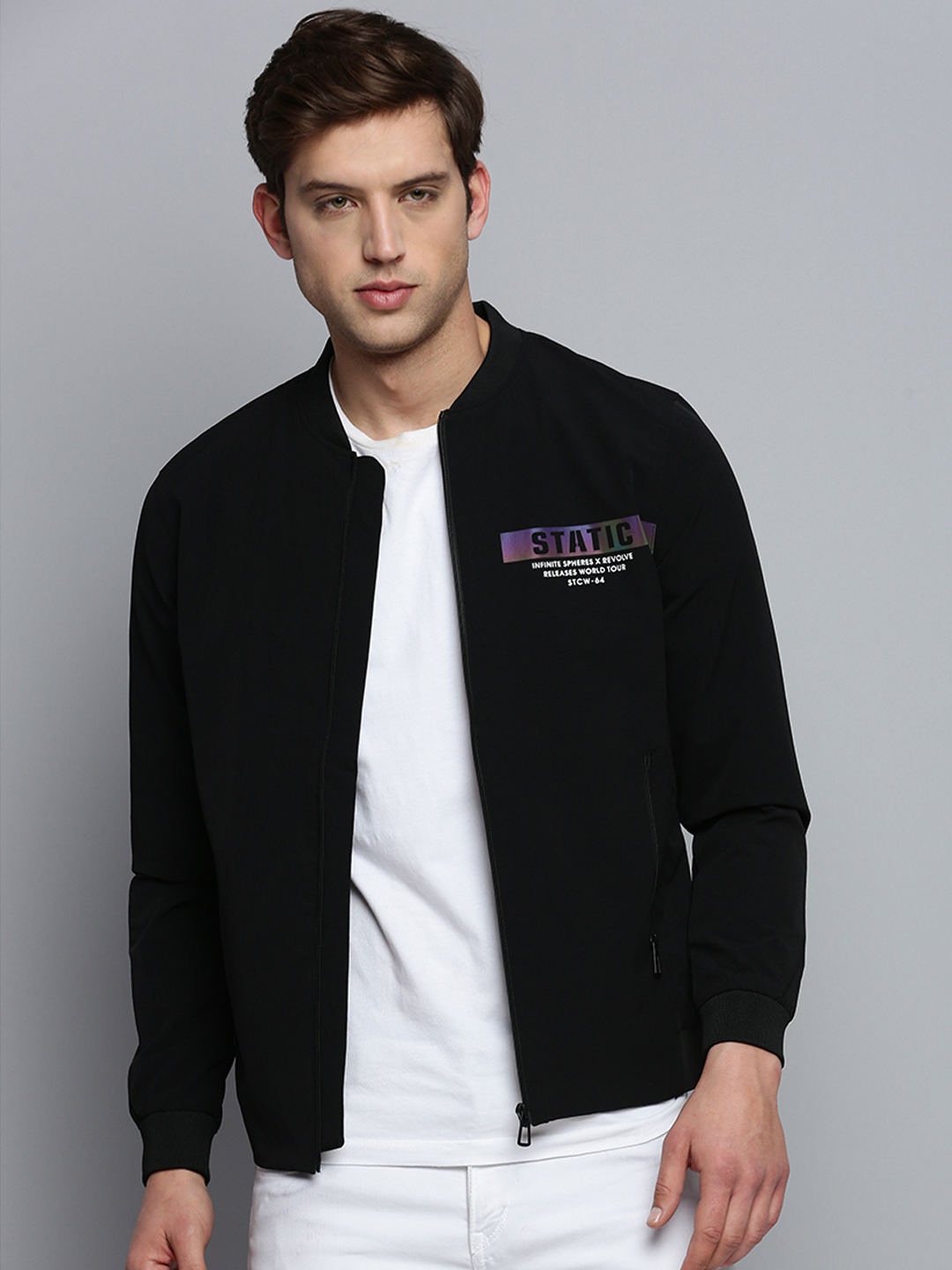 SHOWOFF Men's Mandarin Collar Solid Black Open Front Jacket