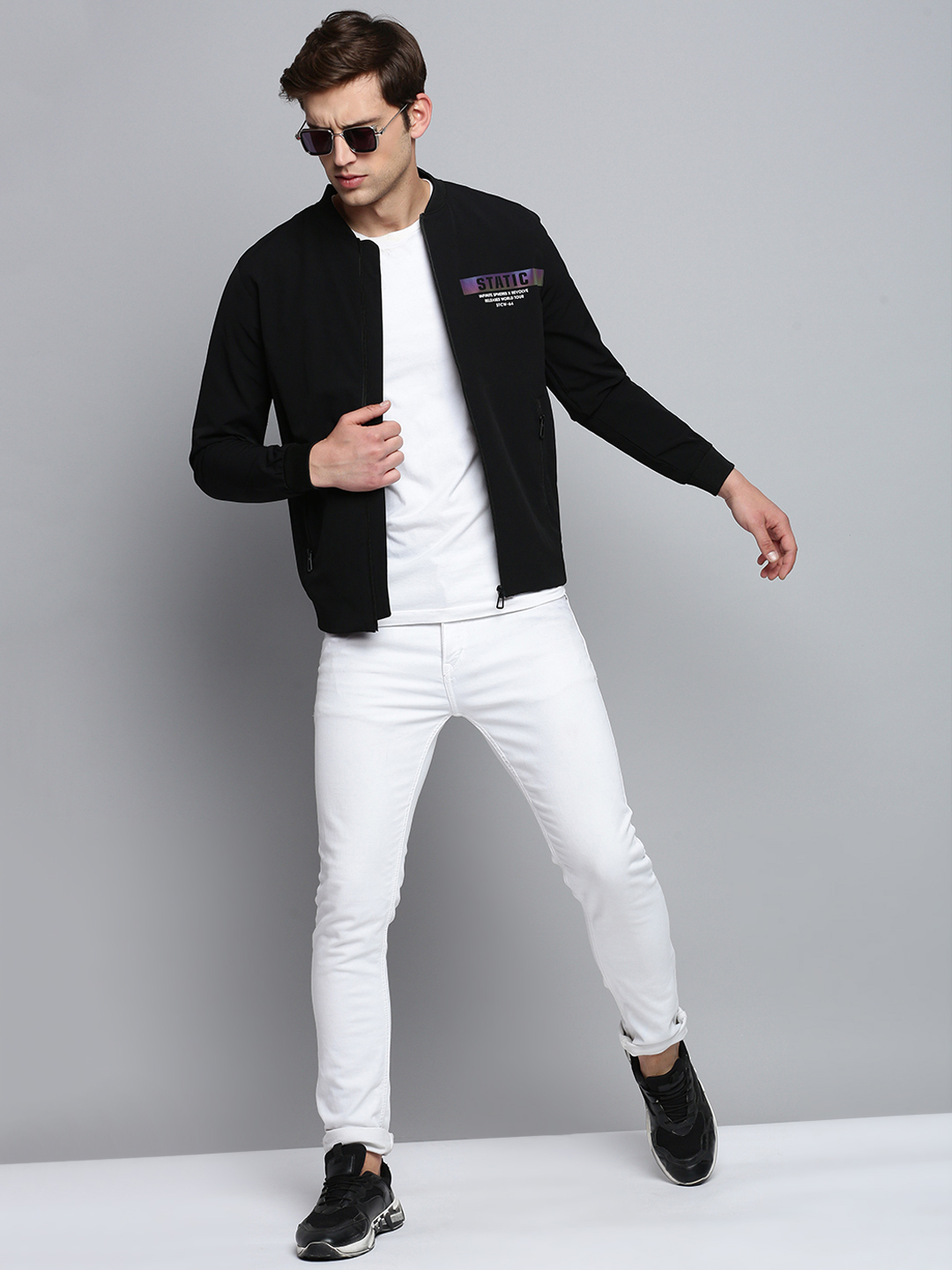 SHOWOFF Men's Mandarin Collar Solid Black Open Front Jacket