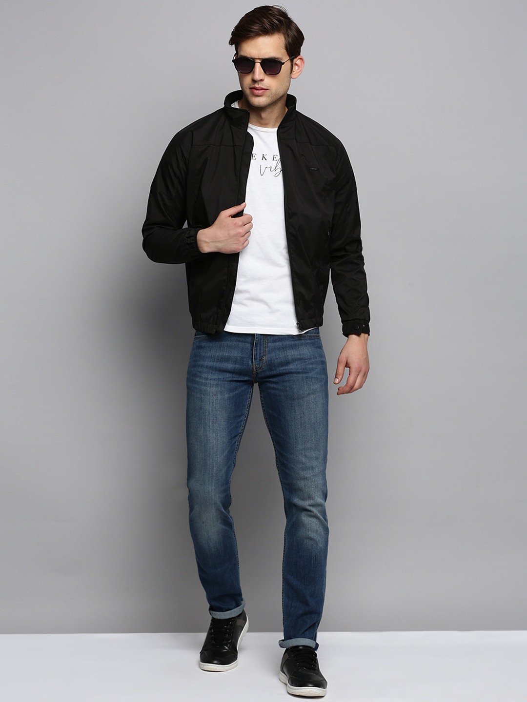 SHOWOFF Men's Mock Collar Solid Black Open Front Jacket