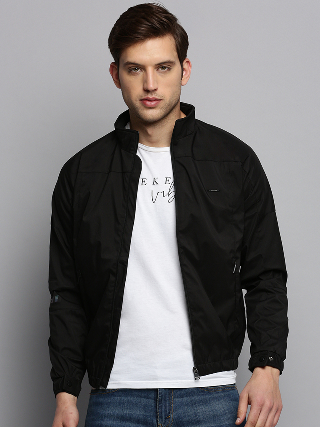 SHOWOFF Men's Mock Collar Solid Black Open Front Jacket