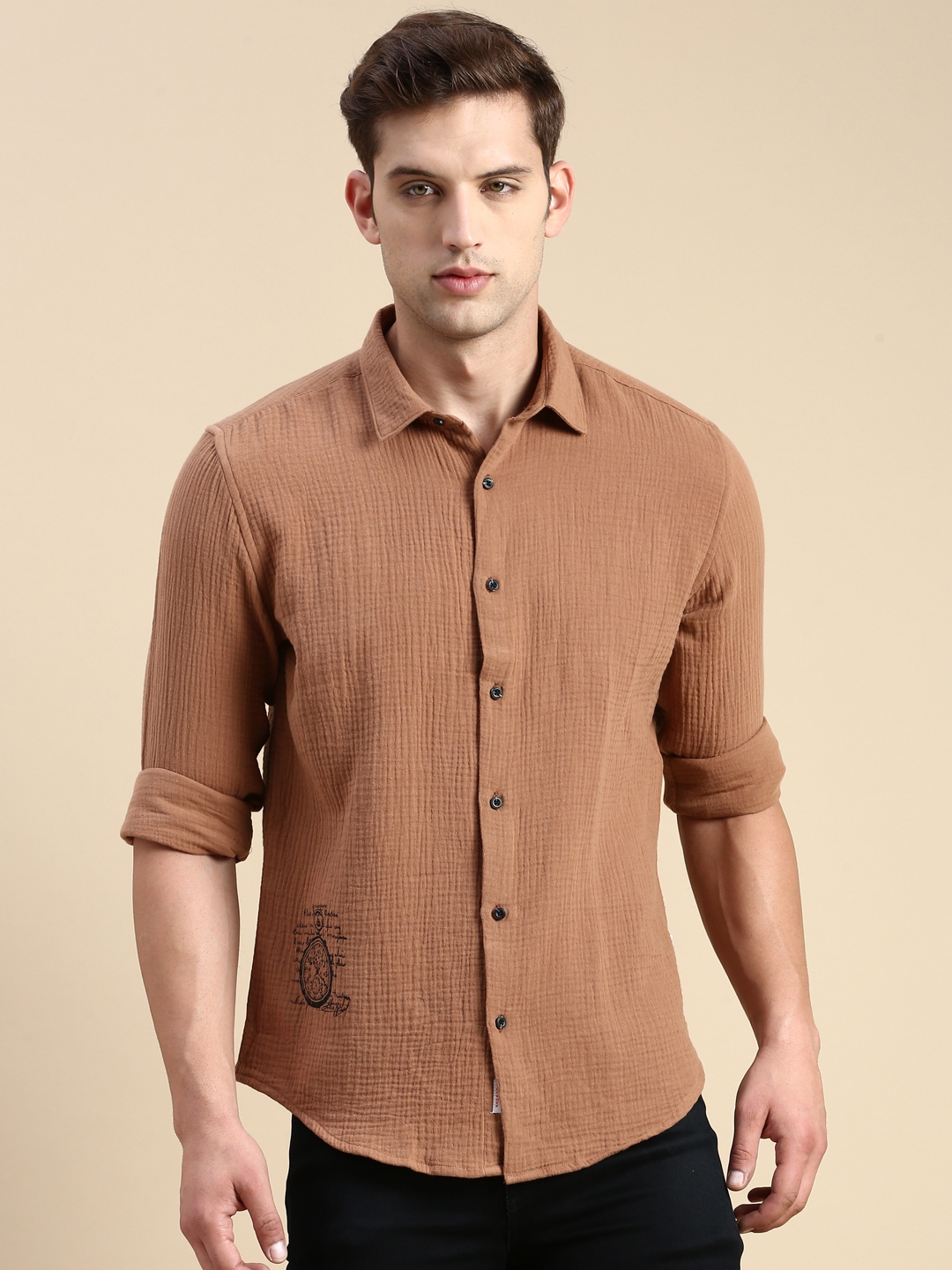 Showoff | SHOWOFF Men's Spread Collar Brown Slim Fit Solid Shirt 1