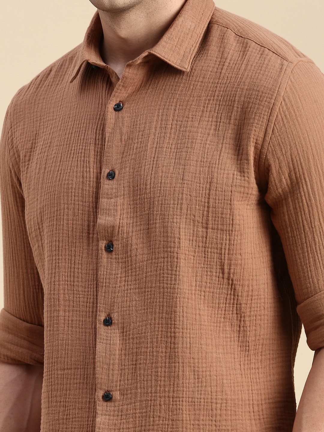 Showoff | SHOWOFF Men's Spread Collar Brown Slim Fit Solid Shirt 5