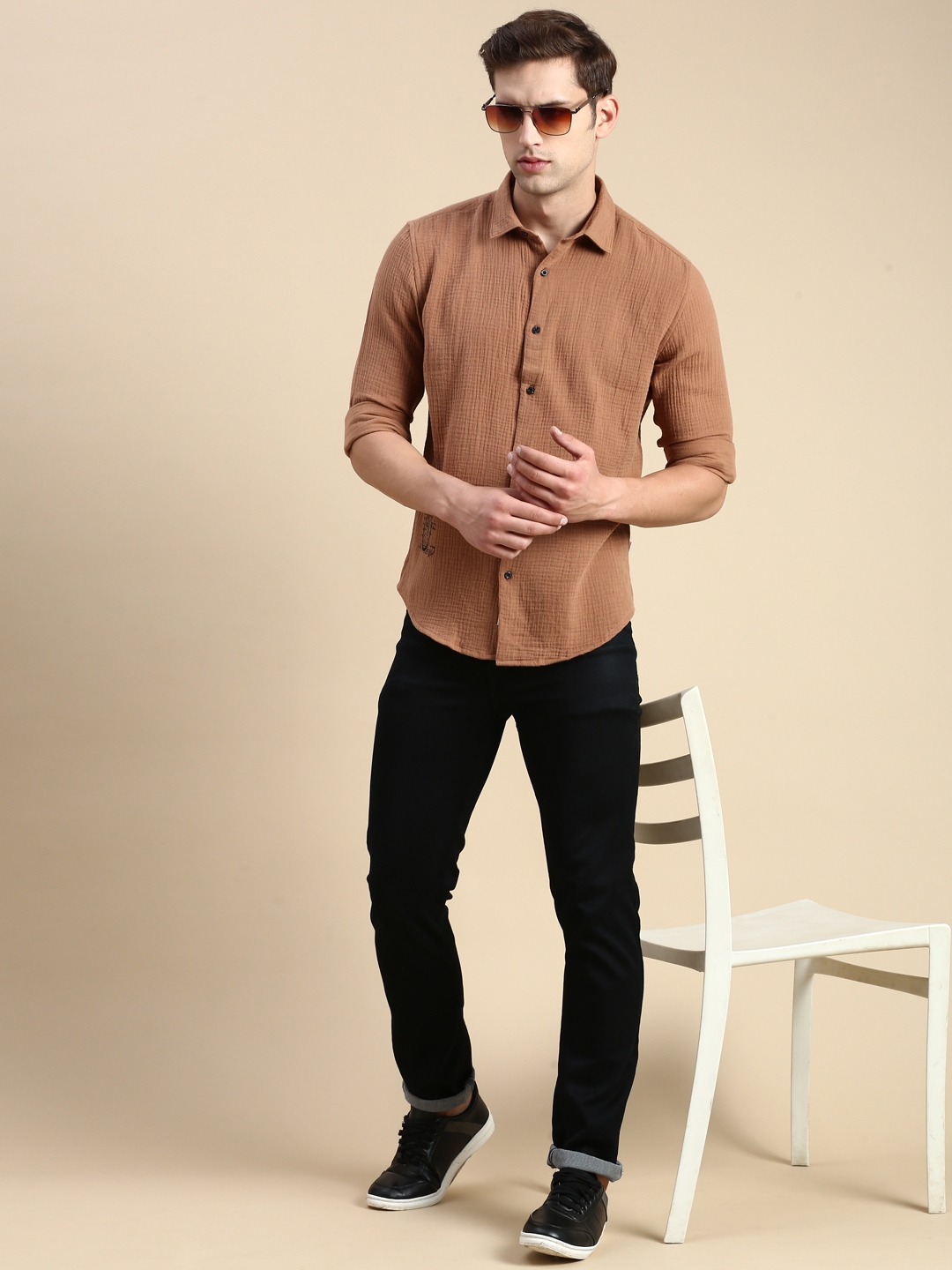 Showoff | SHOWOFF Men's Spread Collar Brown Slim Fit Solid Shirt 4