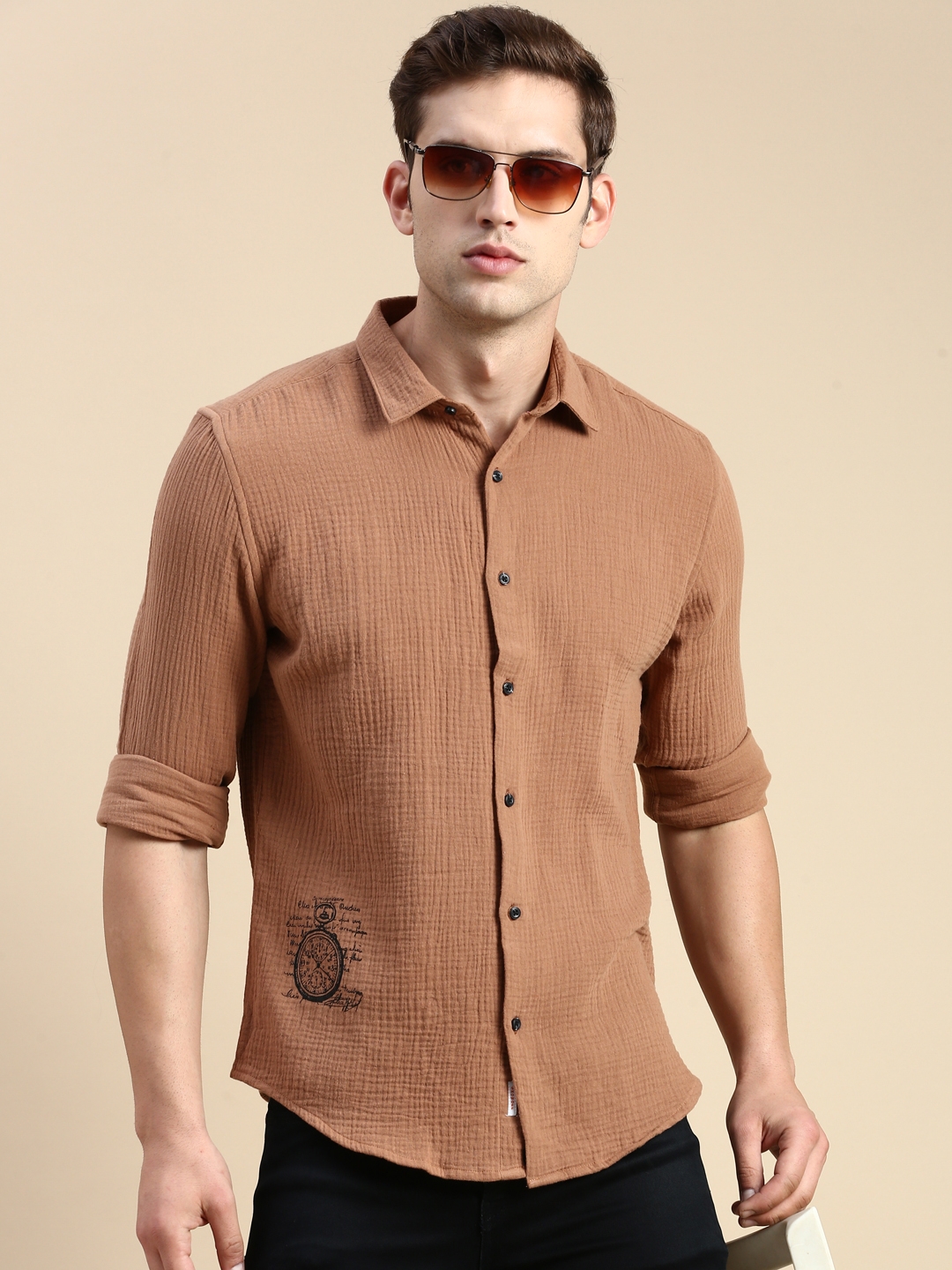 Showoff | SHOWOFF Men's Spread Collar Brown Slim Fit Solid Shirt 0
