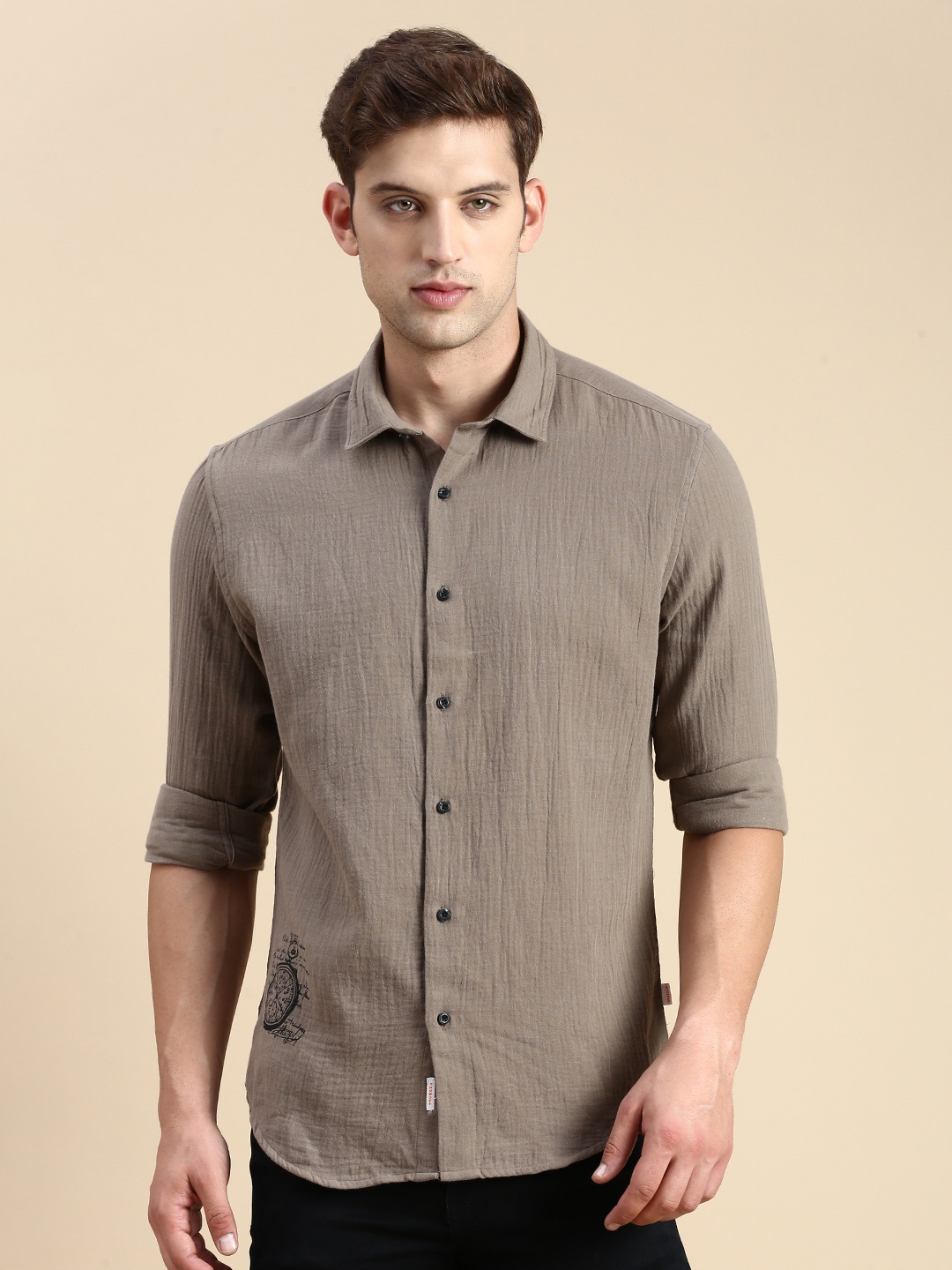 Showoff | SHOWOFF Men's Spread Collar Taupe Slim Fit Solid Shirt 1