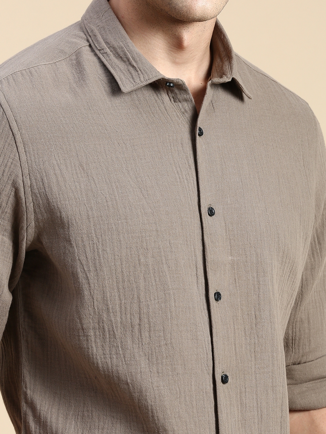Showoff | SHOWOFF Men's Spread Collar Taupe Slim Fit Solid Shirt 5