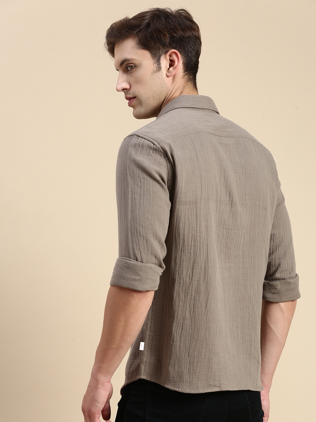 Showoff | SHOWOFF Men's Spread Collar Taupe Slim Fit Solid Shirt 3