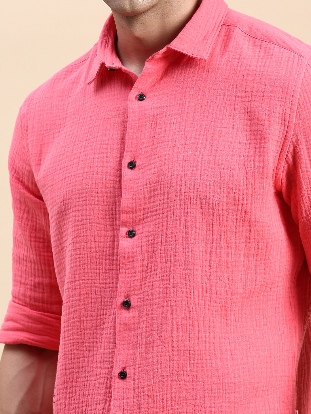 Showoff | SHOWOFF Men's Spread Collar Pink Slim Fit Solid Shirt 5