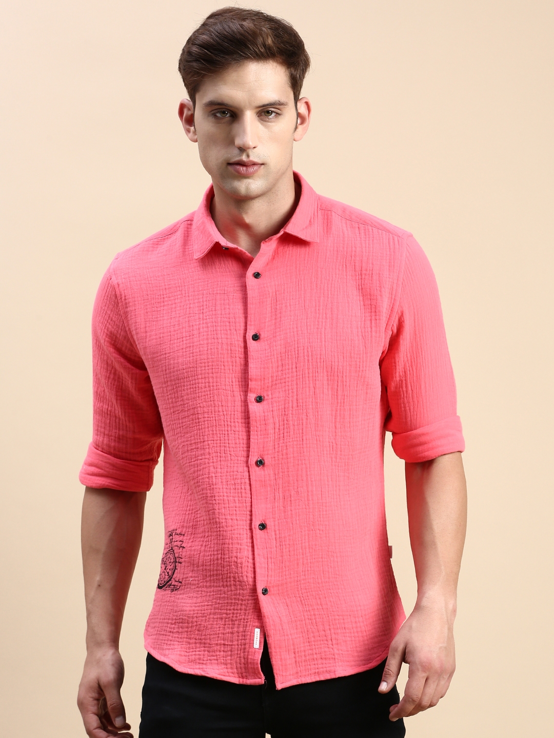 Showoff | SHOWOFF Men's Spread Collar Pink Slim Fit Solid Shirt 1