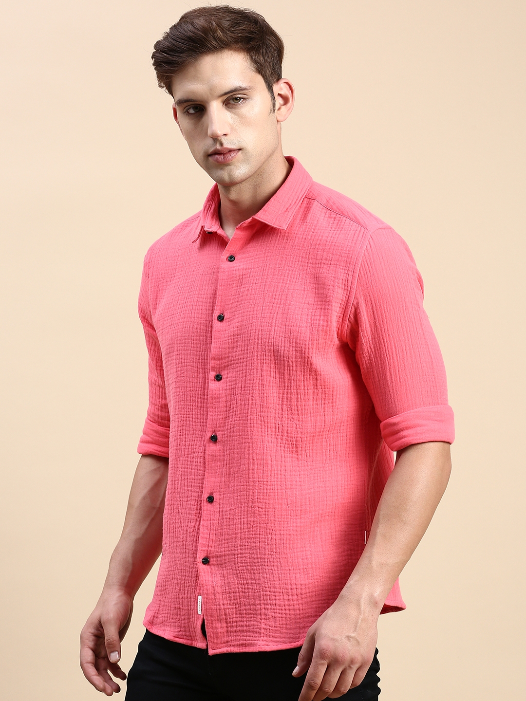Showoff | SHOWOFF Men's Spread Collar Pink Slim Fit Solid Shirt 2