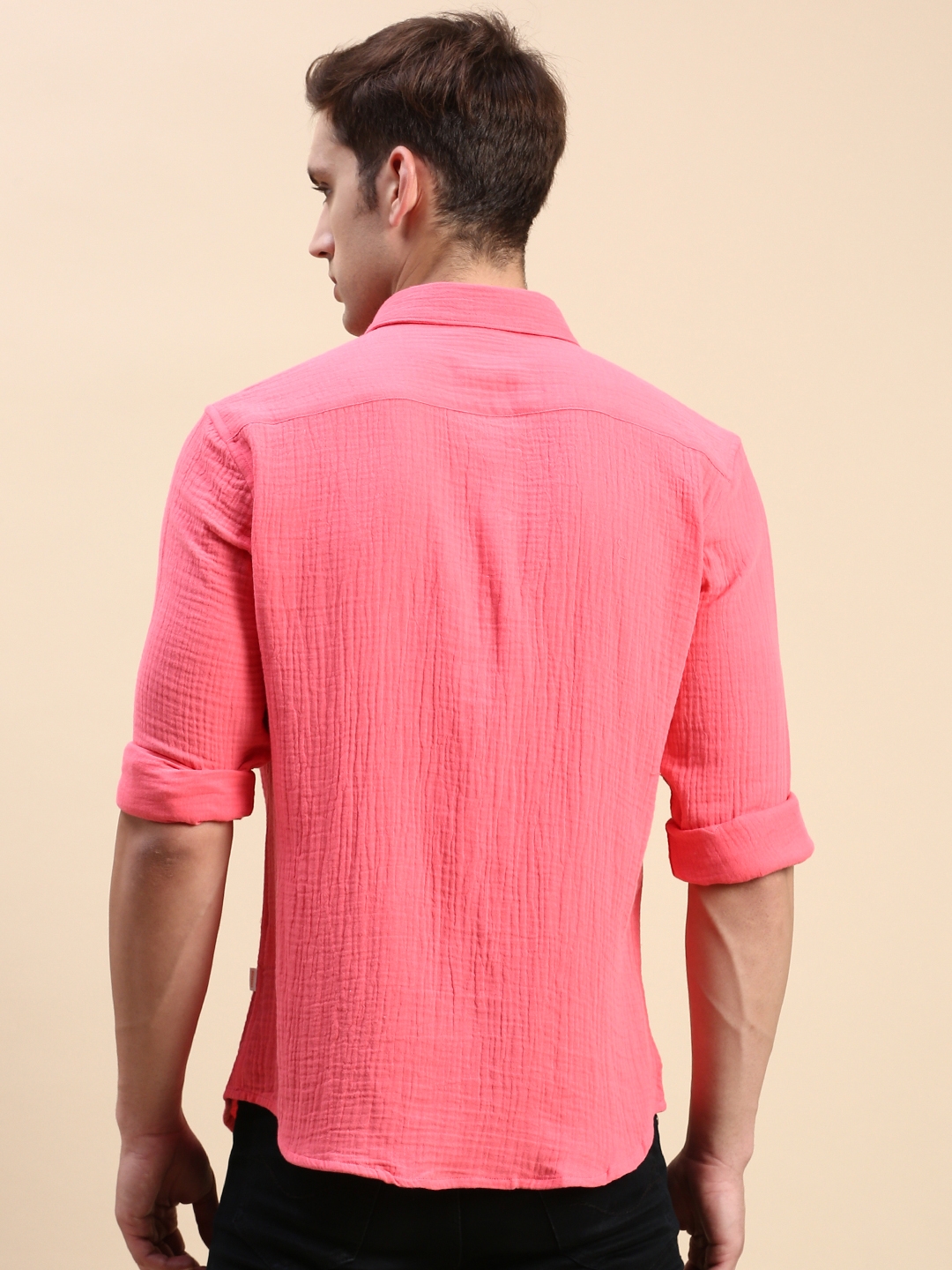 Showoff | SHOWOFF Men's Spread Collar Pink Slim Fit Solid Shirt 3