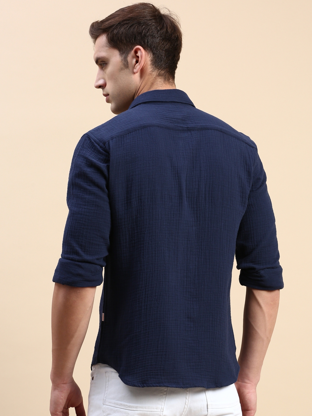 Showoff | SHOWOFF Men's Spread Collar Navy Blue Slim Fit Solid Shirt 3