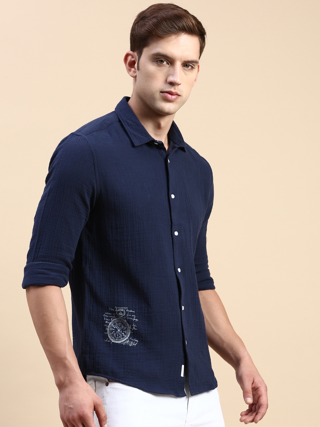 Showoff | SHOWOFF Men's Spread Collar Navy Blue Slim Fit Solid Shirt 2