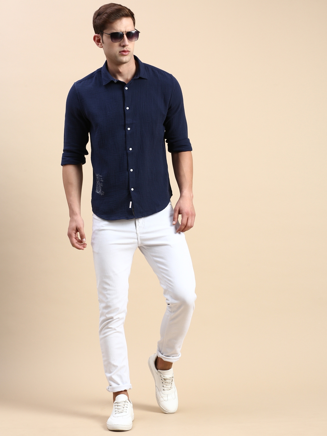 Showoff | SHOWOFF Men's Spread Collar Navy Blue Slim Fit Solid Shirt 4