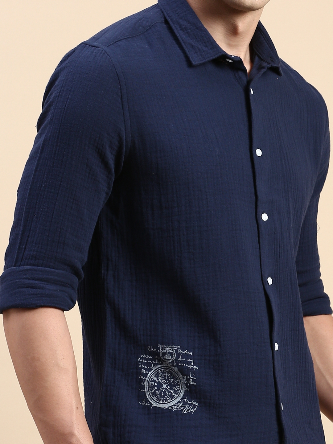Showoff | SHOWOFF Men's Spread Collar Navy Blue Slim Fit Solid Shirt 5