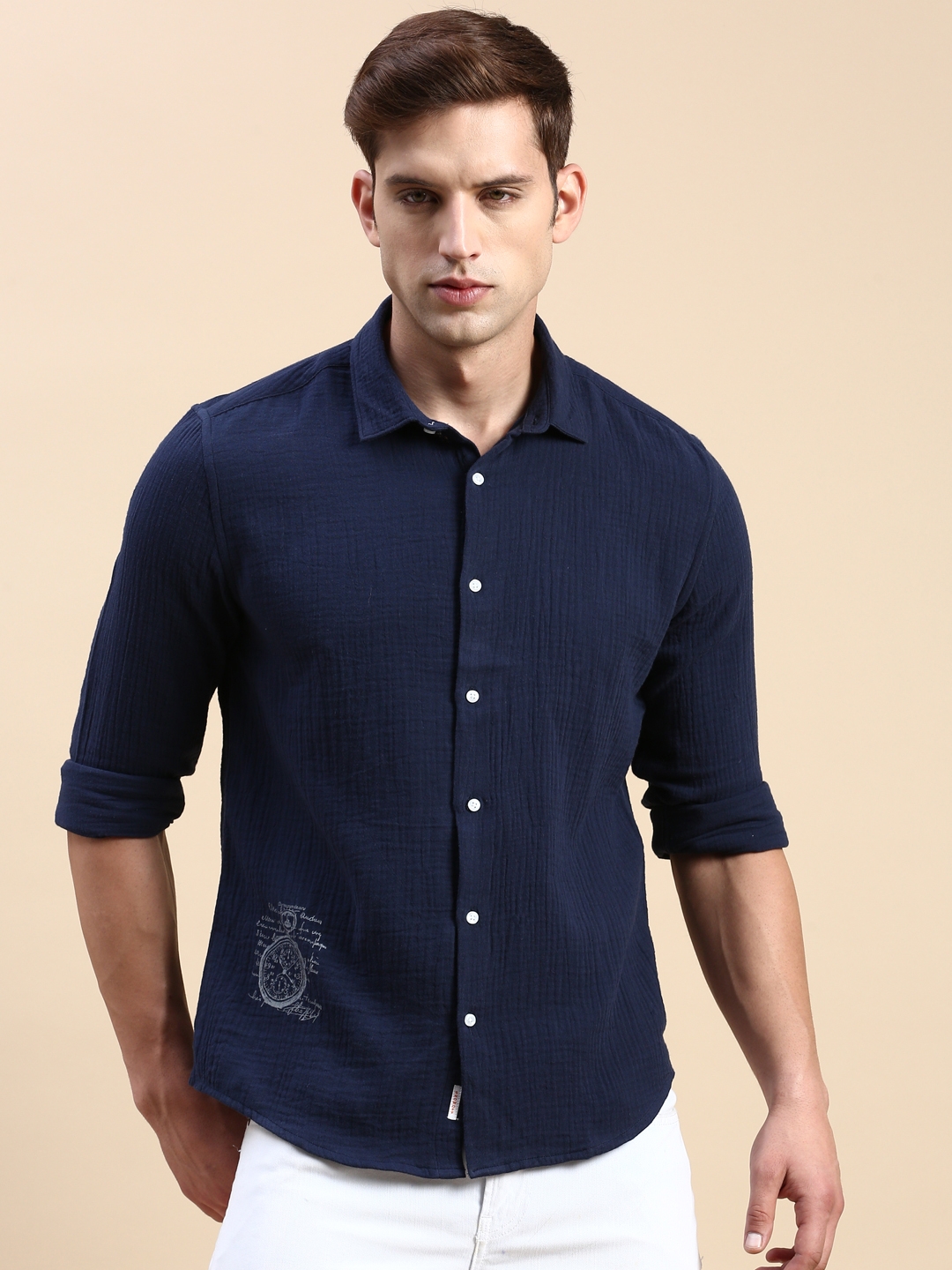 Showoff | SHOWOFF Men's Spread Collar Navy Blue Slim Fit Solid Shirt 1
