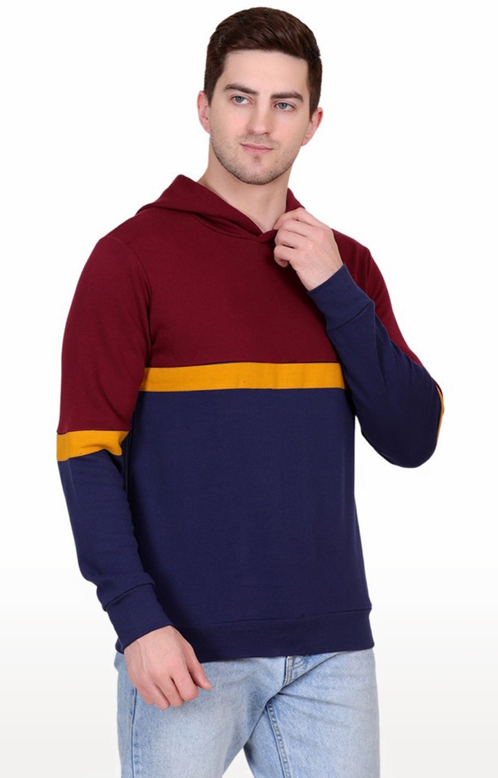 Styvibe | Styvibe Men Navy and Maroon Colourblock Half & Half Hooded Terry Full Sleeve Sweatshirt 2