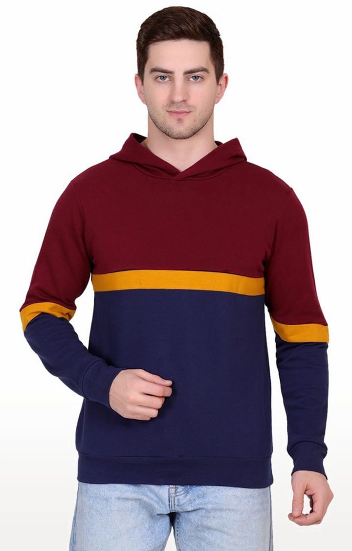 Styvibe | Styvibe Men Navy and Maroon Colourblock Half & Half Hooded Terry Full Sleeve Sweatshirt 0
