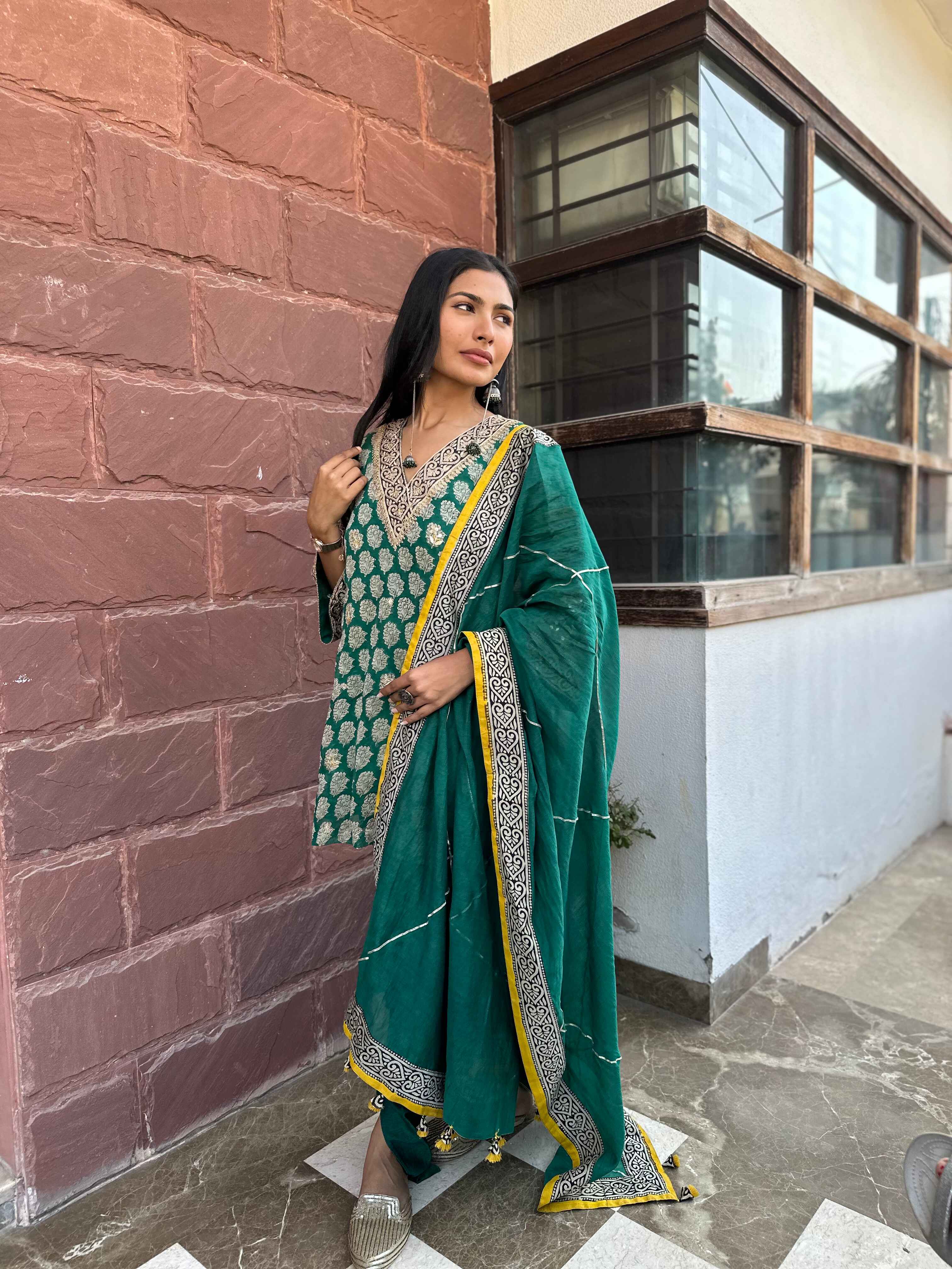 Green Hand block print and handwork kurta set