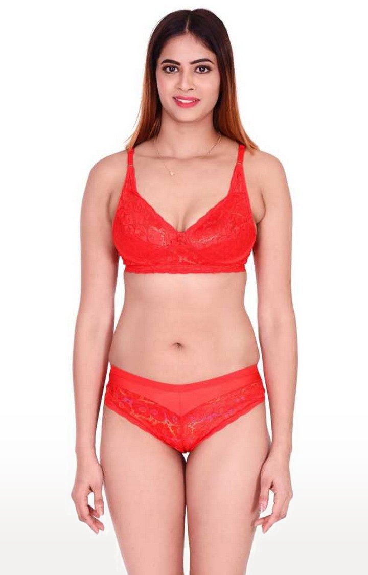 SUJUKA | Sujuka Bra & Panty Set Self Design Red Lingerie Set
 0