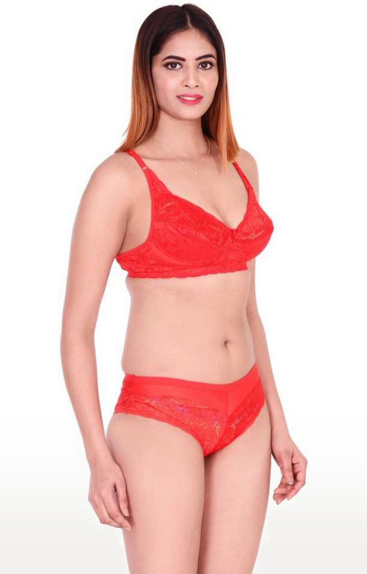 SUJUKA | Sujuka Bra & Panty Set Self Design Red Lingerie Set
 1