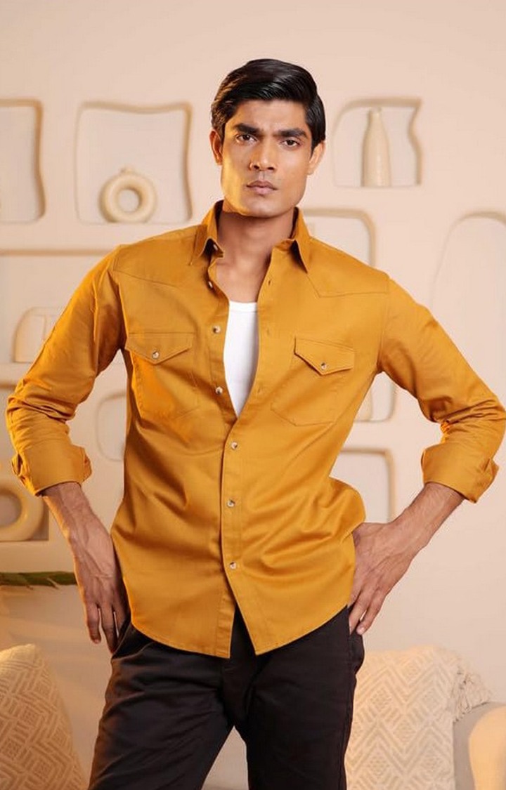 SUBTRACT-Men Bronze Comfort Fit Double Pocket Cagro Twill Casual Shirt