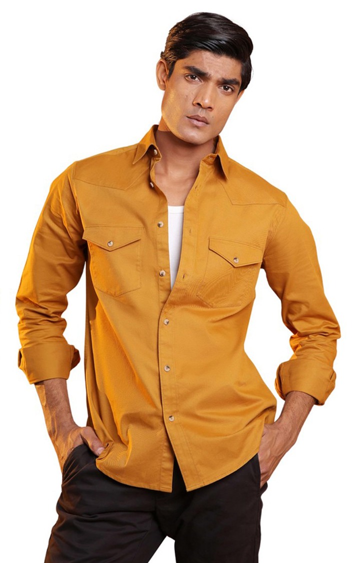 SUBTRACT-Men Bronze Comfort Fit Double Pocket Cagro Twill Casual Shirt