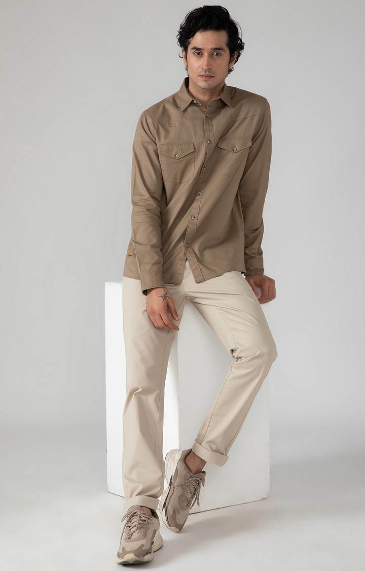 SUBTRACT-Cargo Twill Shirt in Khaki- Comfort Fit