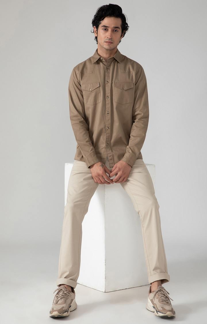 SUBTRACT-Cargo Twill Shirt in Khaki- Comfort Fit