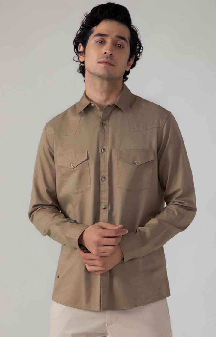 SUBTRACT-Cargo Twill Shirt in Khaki- Comfort Fit