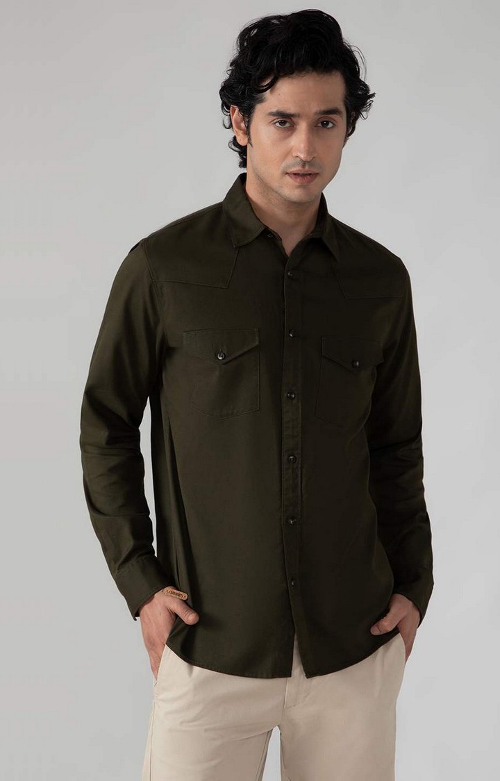 SUBTRACT-Cargo Twill Shirt in Dark Olive- Comfort Fit