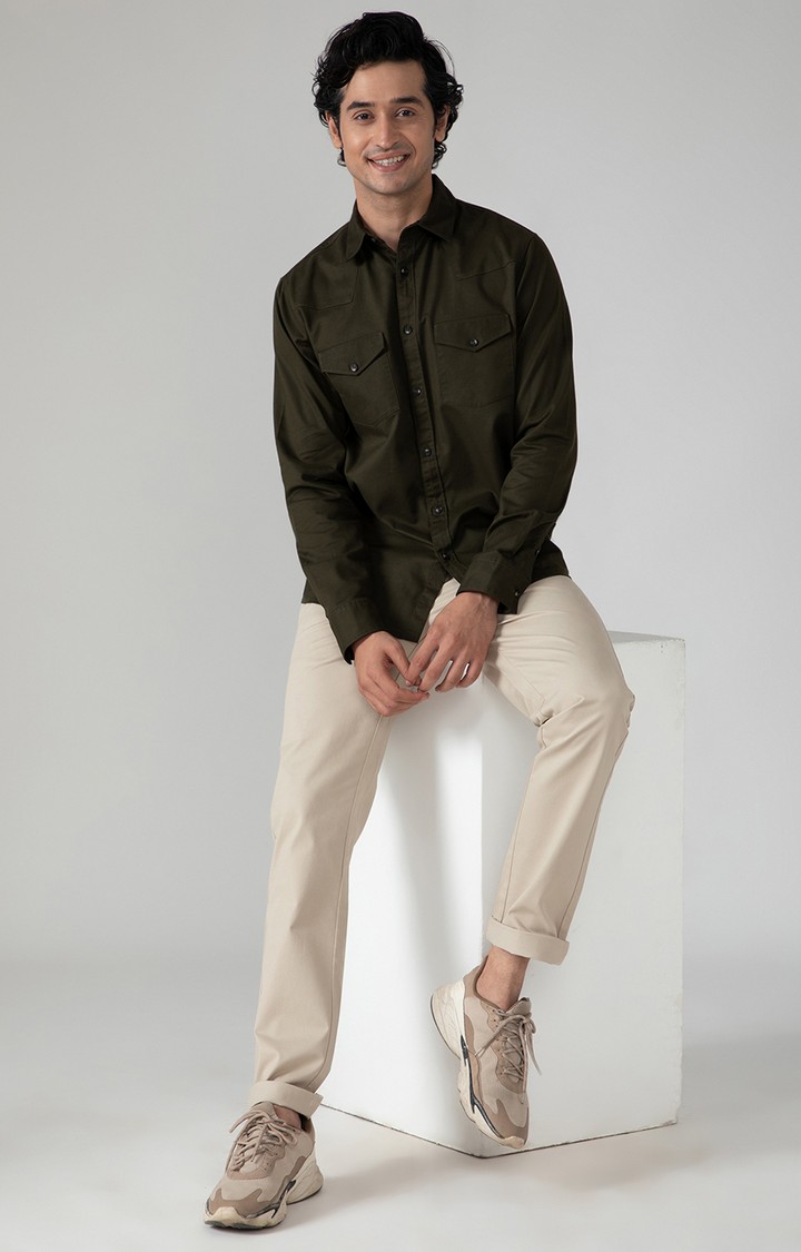 SUBTRACT-Cargo Twill Shirt in Dark Olive- Comfort Fit