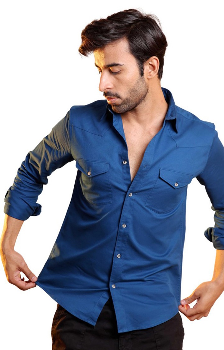 SUBTRACT-Men Prussian Blue Comfort Fit Double Pocket Cagro Twill Casual Shirt
