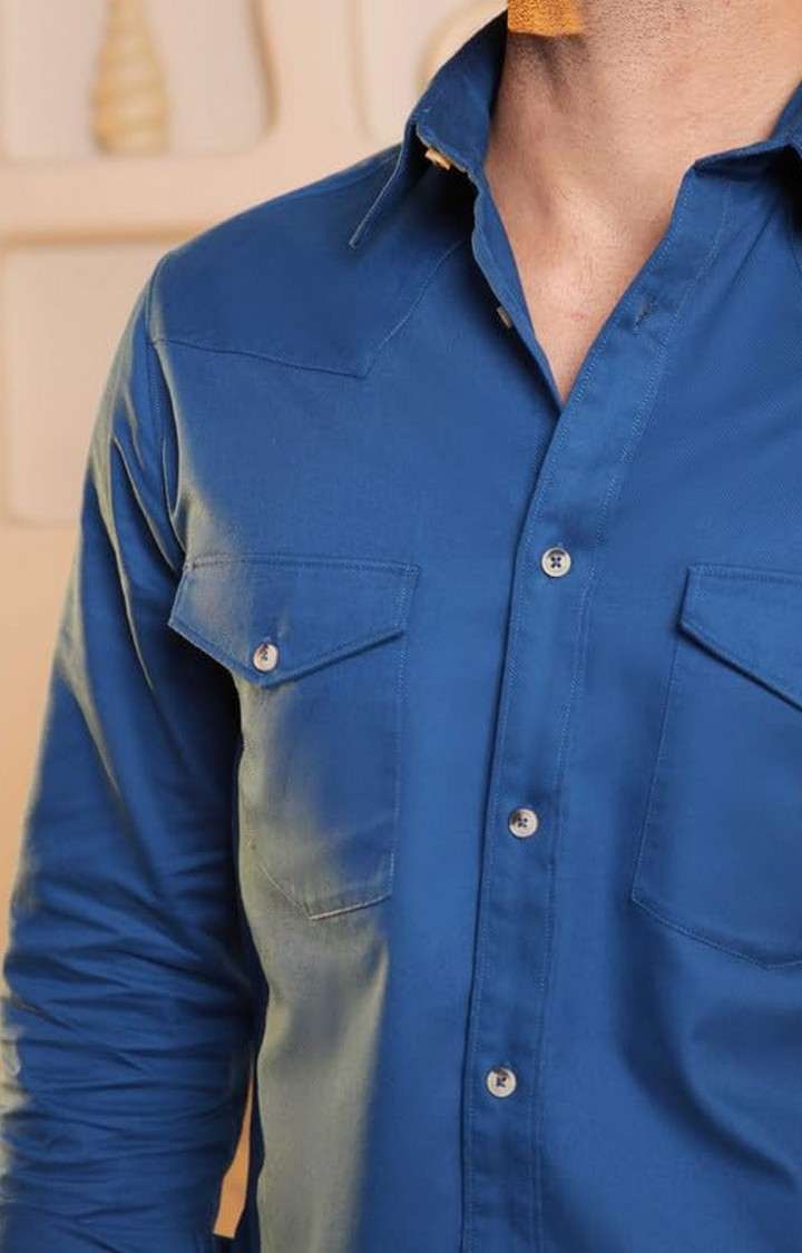SUBTRACT-Men Prussian Blue Comfort Fit Double Pocket Cagro Twill Casual Shirt