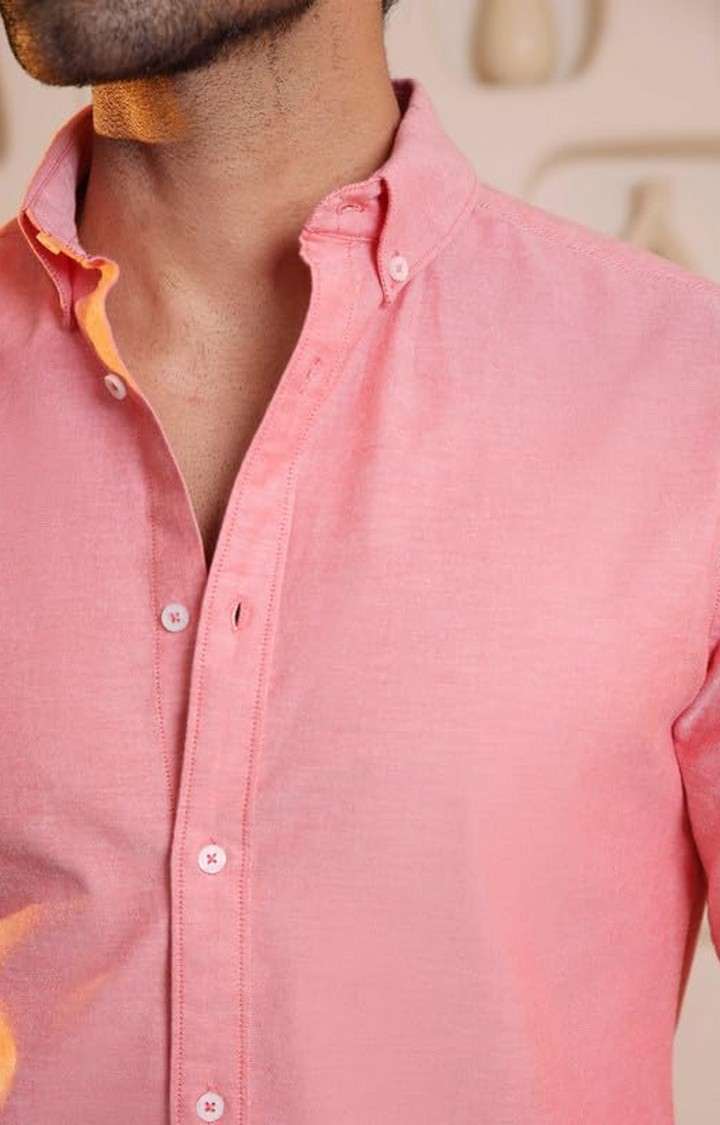 SUBTRACT-Men Light Red Slim Fit Solid Button Down Yarn Dyed Casual Oxford Shirt