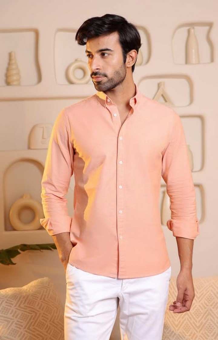SUBTRACT-Men Light Orange Slim Fit Solid Button Down Yarn Dyed Casual Oxford Shirt