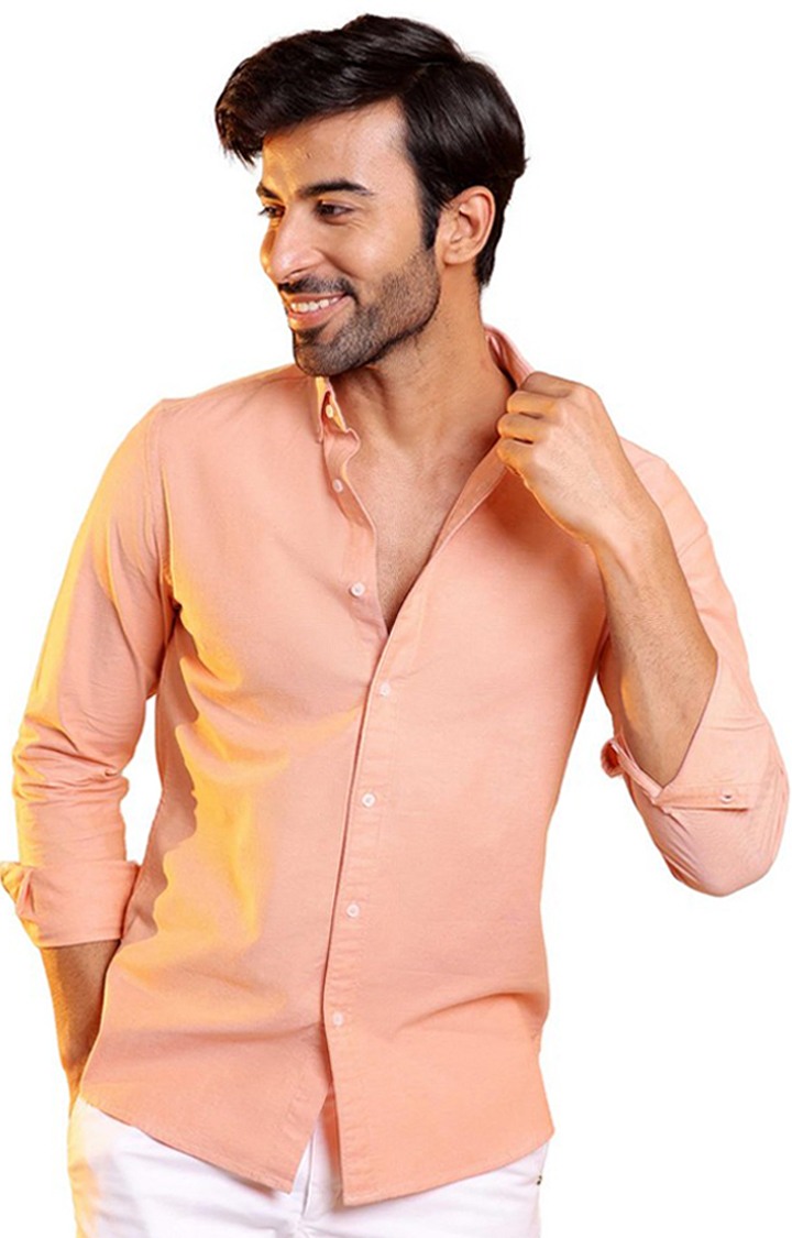 SUBTRACT-Men Light Orange Slim Fit Solid Button Down Yarn Dyed Casual Oxford Shirt